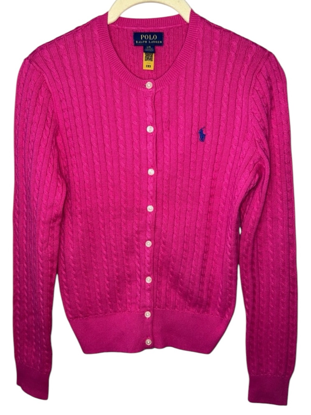 Polo by Ralph Lauren Magenta Hot Pink Cable-Knit Cardigan Sweater Size L 12-14